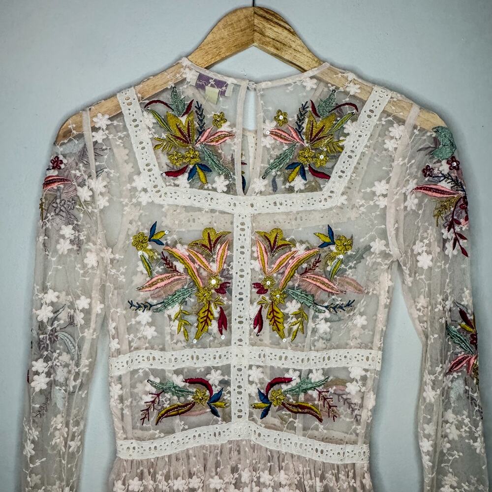 Frock and Frill Floral Embroidered Beaded Mesh Mini Dress Long Sleeve Size 6 - Picture 2 of 5